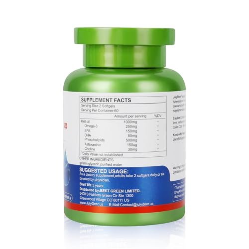 JulyDeer Krillöl 1000 mg mit Omega-3 EPA, DHA, Astaxanthin und Phospholipiden – 120 Softgel-Kapseln – Antarktisches Krillöl ohne fischigen Nachgeschmack – für Gelenke, Herz, Gehirn und Immunsystem