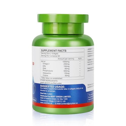 JulyDeer Krillöl 1000 mg mit Omega-3 EPA, DHA, Astaxanthin und Phospholipiden – 120 Softgel-Kapseln – Antarktisches Krillöl ohne fischigen Nachgeschmack – für Gelenke, Herz, Gehirn und Immunsystem