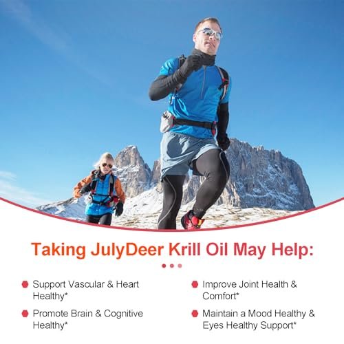 JulyDeer Krillöl 1000 mg mit Omega-3 EPA, DHA, Astaxanthin und Phospholipiden – 120 Softgel-Kapseln – Antarktisches Krillöl ohne fischigen Nachgeschmack – für Gelenke, Herz, Gehirn und Immunsystem