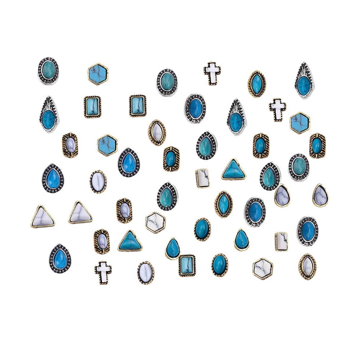 BOXOB 50 Stück Türkise Nagelcharm-Anhänger, 3D Hohle Vintage Pendants, DIY Western Art Blauer Edelstein Nagelzubehör für Maniküre, Handyhülle & Basteldekoration