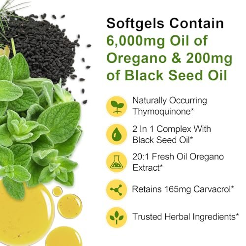 JulyDeer Oregano-Öl mit Schwarzkümmelöl – 2-in-1 Nahrungsergänzung mit hochkonzentriertem Carvacrol & Thymochinon für Antioxidantien & Immununterstützung, Non-GMO, 60 Softgels
