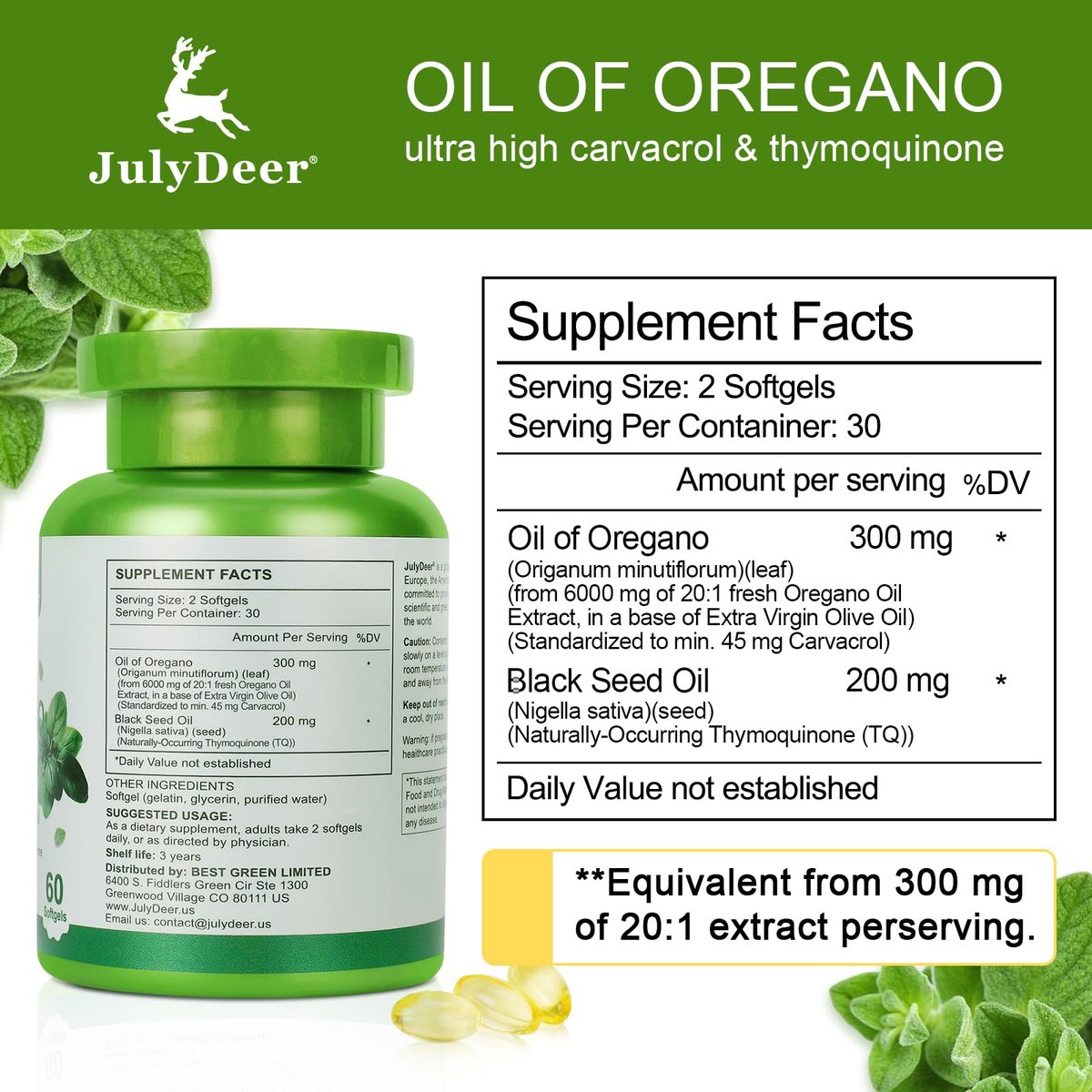 JulyDeer Oregano-Öl mit Schwarzkümmelöl – 2-in-1 Nahrungsergänzung mit hochkonzentriertem Carvacrol & Thymochinon für Antioxidantien & Immununterstützung, Non-GMO, 60 Softgels