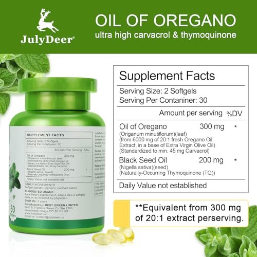 JulyDeer Oregano-Öl mit Schwarzkümmelöl – 2-in-1 Nahrungsergänzung mit hochkonzentriertem Carvacrol & Thymochinon für Antioxidantien & Immununterstützung, Non-GMO, 60 Softgels