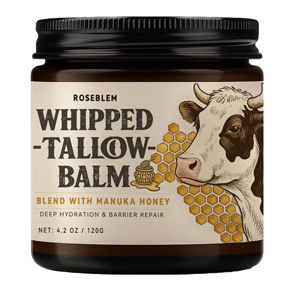 Roseblem Whipped Tallow Balm für das Gesicht – 100% grasgefütterte Bio-Rindertalgcreme mit Manuka-Honig & Bienenwachs – Feuchtigkeitscreme für Gesicht und Körper für empfindliche Haut, pflegend & reparierend, 4,2 oz