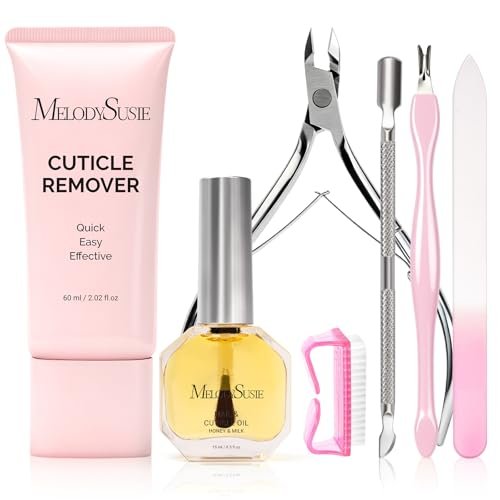 MelodySusie Nagelhautentferner Set - 60g Nagelhautcreme, 15ml Nagelhautöl, Nagelhautzange, Drücker, Nagelfeile und Bürste für weiche Nagelhaut & Feuchtigkeitspflege – Maniküre-Set für die Nagelpflege