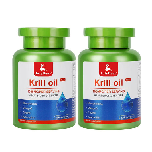 JulyDeer Krillöl 1000 mg – 240 Weichkapseln mit Omega-3 (EPA, DHA), Astaxanthin & Phospholipiden – Antarktisches Krillöl, kein fischiger Nachgeschmack – für Gelenke, Herz, Gehirn & Immunsystem – 2 Flaschen