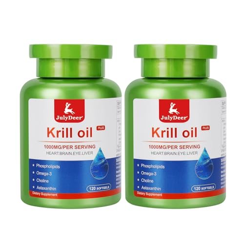 JulyDeer Krillöl 1000 mg – 240 Weichkapseln mit Omega-3 (EPA, DHA), Astaxanthin & Phospholipiden – Antarktisches Krillöl, kein fischiger Nachgeschmack – für Gelenke, Herz, Gehirn & Immunsystem – 2 Flaschen