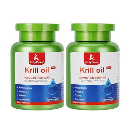 JulyDeer Krillöl 1000 mg – 240 Weichkapseln mit Omega-3 (EPA, DHA), Astaxanthin & Phospholipiden – Antarktisches Krillöl, kein fischiger Nachgeschmack – für Gelenke, Herz, Gehirn & Immunsystem – 2 Flaschen