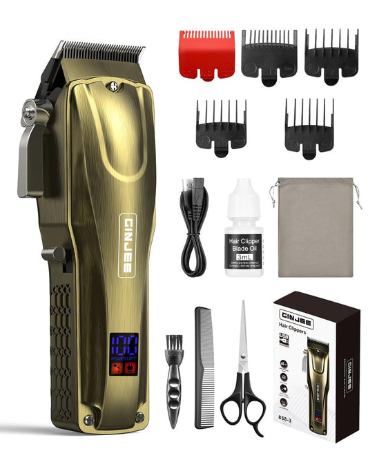 GinJee Haarschneider für Männer, kabellos & kabelgebunden, Barber-Clipper mit 5 Stunden Laufzeit, 7000 U/min Rotationsmotor & LED-Anzeige, wasserdichtes professionelles Haarschneide-Set für Männer und den Hausgebrauch (Gold)