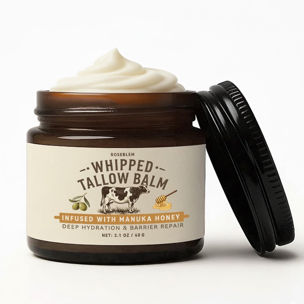 Roseblem Whipped Tallow Honey Balm – 100 % Bio Weide-Rindertalg mit Rohhonig, feuchtigkeitsspendende Gesichtscreme für trockene & empfindliche Haut, 2,1 Unzen