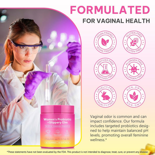 Vaginale Probiotika für Frauen Gummis – Unterstützung der Verdauungsgesundheit, pH-Balance, Immunsystem, Hefepilzkontrolle, Geruchslinderung, Förderung der Frauengesundheit – Natürlicher Ananasgeschmack – Vegan, glutenfrei – 60 Stück