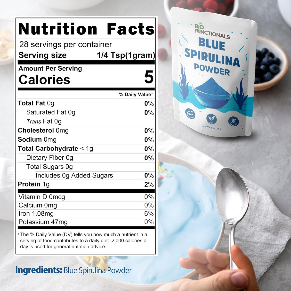 Biofunctionals Blaues Spirulina-Pulver 1 oz – natürliche blaue Lebensmittelfarbe, Phycocyanin-Extrakt, veganes Superfood für Smoothies, Backen und Energieriegel