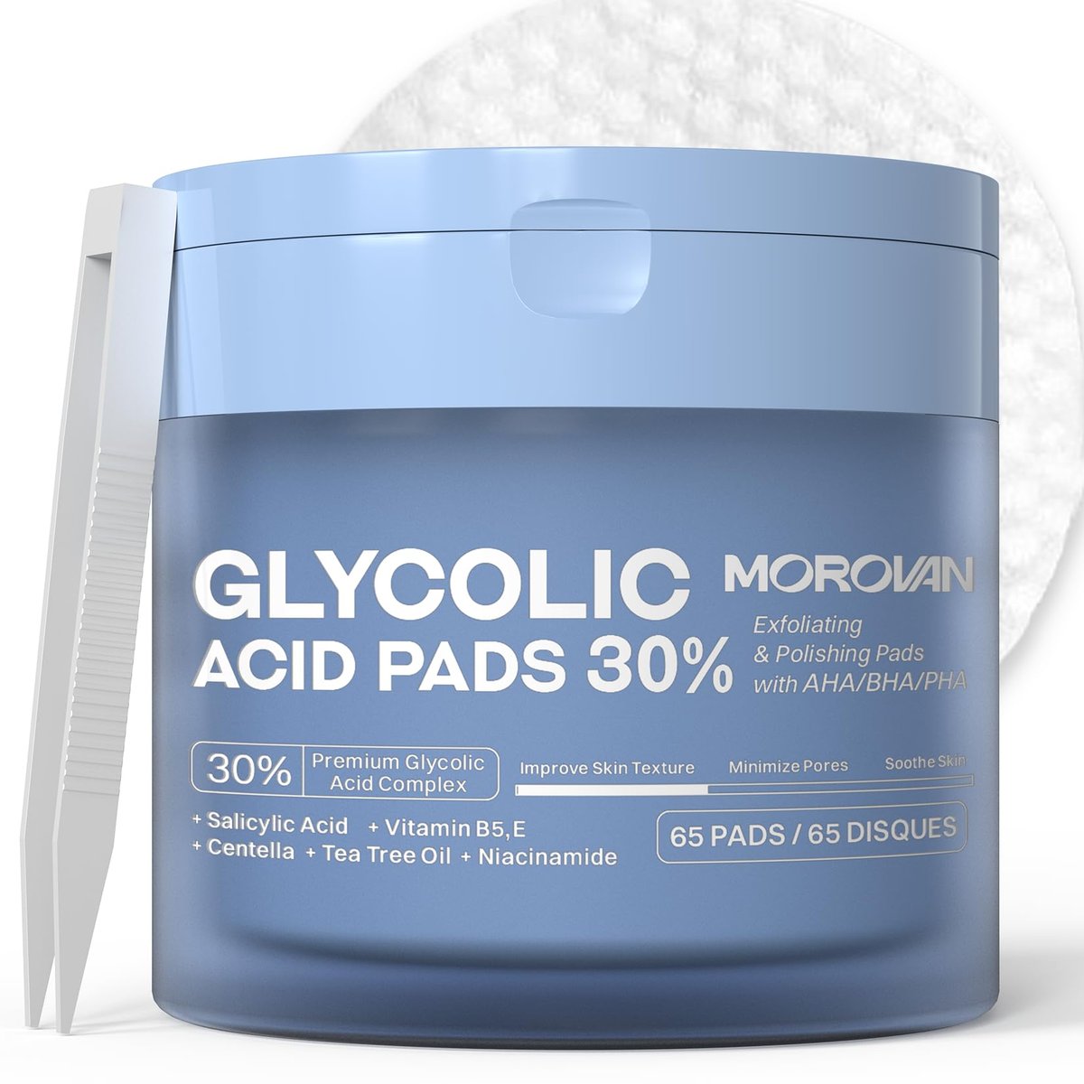Morovan Glykolsäure-Pads 30%: Doppelseitiger Gesichts-Peeling für Unreinheiten und Tiefenreinigung, Ausgleichender Hautton, Peeling für Zuhause, 65 Pads