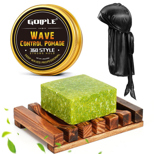 Wave Pomade Seife Shampoo Bar & Holzhalterset für Männer - 360 Wave Starker Halt Leicht Auswaschbar 360 Training Haarpaste - Wellen Seiden-Satin Durag Extra Lange Bänder Waves Cap Wellen Kit für Schwarzes Haar