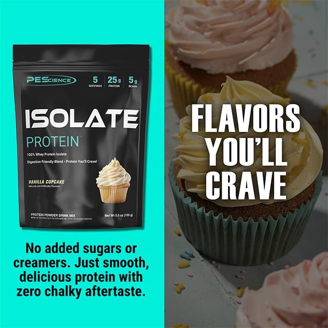 PEScience Isolate Whey Protein Pulver, Vanilla Cupcake, 5 Portionen, 100 % Molkenproteinisolat, Kohlenhydratarm, schnell absorbierender Post-Workout-Shake für Männer und Frauen