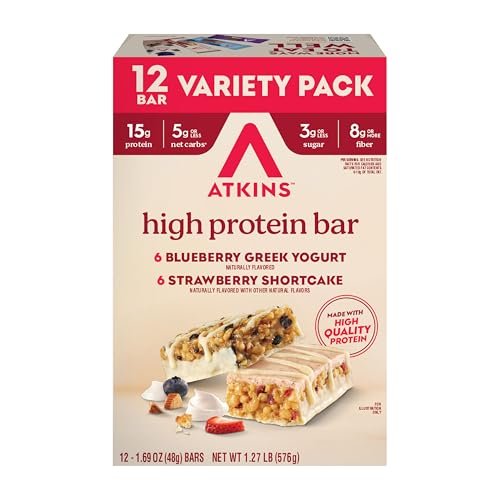 Atkins Blaubeer-Griechischer Joghurt & Erdbeer-Kuchen High Protein Riegel, Ballaststoffreich, Keto-freundlich, 12 Stück (6 Riegel pro Geschmacksrichtung)