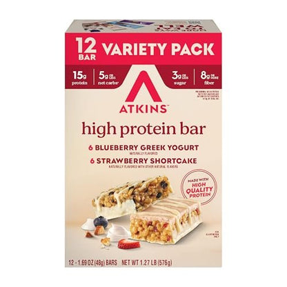 Atkins Blaubeer-Griechischer Joghurt & Erdbeer-Kuchen High Protein Riegel, Ballaststoffreich, Keto-freundlich, 12 Stück (6 Riegel pro Geschmacksrichtung)
