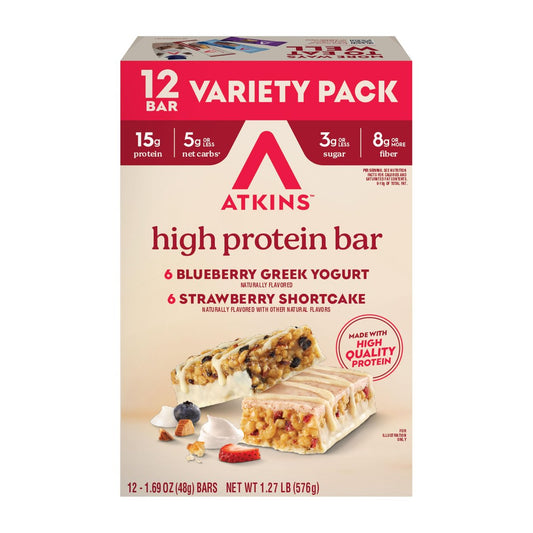 Atkins Blaubeer-Griechischer Joghurt & Erdbeer-Kuchen High Protein Riegel, Ballaststoffreich, Keto-freundlich, 12 Stück (6 Riegel pro Geschmacksrichtung)