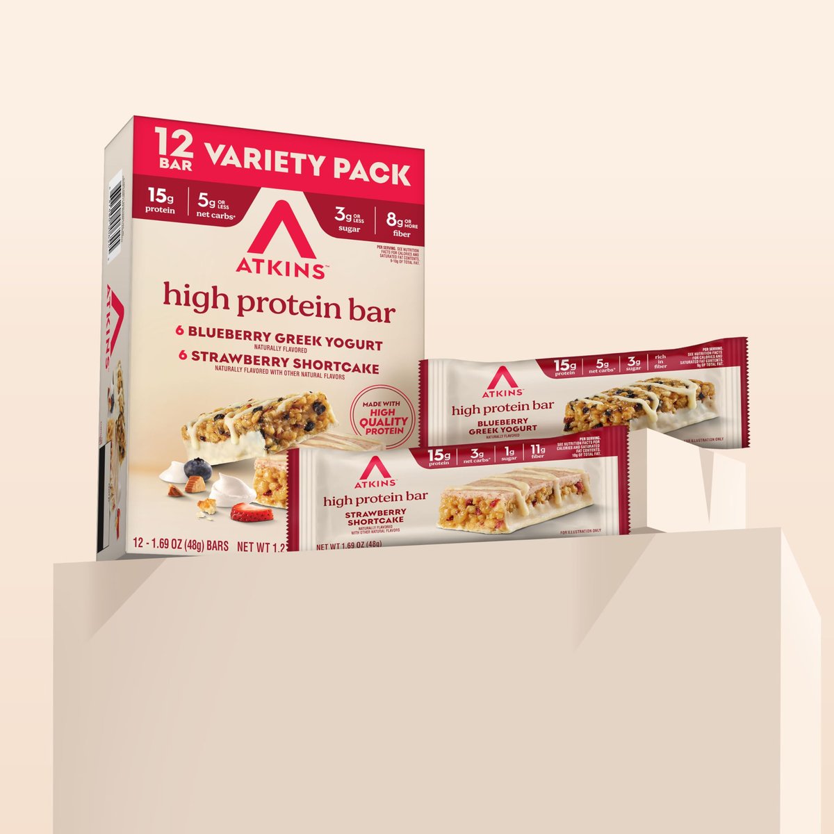 Atkins Blaubeer-Griechischer Joghurt & Erdbeer-Kuchen High Protein Riegel, Ballaststoffreich, Keto-freundlich, 12 Stück (6 Riegel pro Geschmacksrichtung)