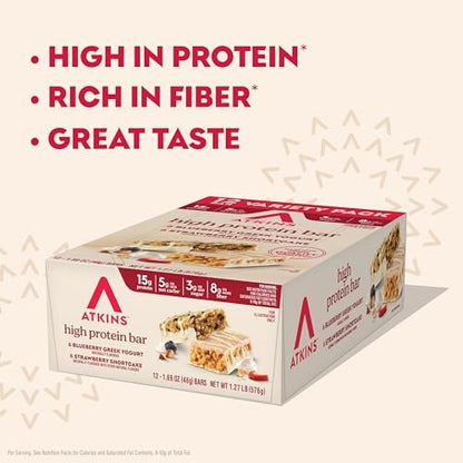 Atkins Blaubeer-Griechischer Joghurt & Erdbeer-Kuchen High Protein Riegel, Ballaststoffreich, Keto-freundlich, 12 Stück (6 Riegel pro Geschmacksrichtung)