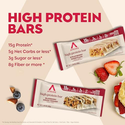 Atkins Blaubeer-Griechischer Joghurt & Erdbeer-Kuchen High Protein Riegel, Ballaststoffreich, Keto-freundlich, 12 Stück (6 Riegel pro Geschmacksrichtung)