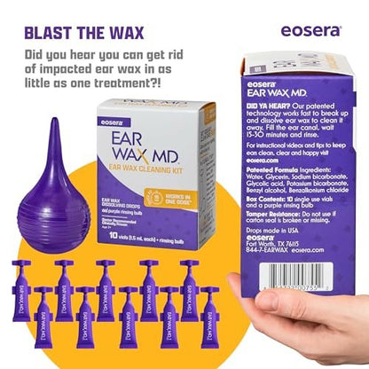 eosera Ear Wax MD Reinigungsset – Schnell wirkende Ohrenschmalz-Auflösetropfen & Spritze – Arztempfohlen, klinisch geprüft – Wirkt in 15 Minuten – 10 Einheiten