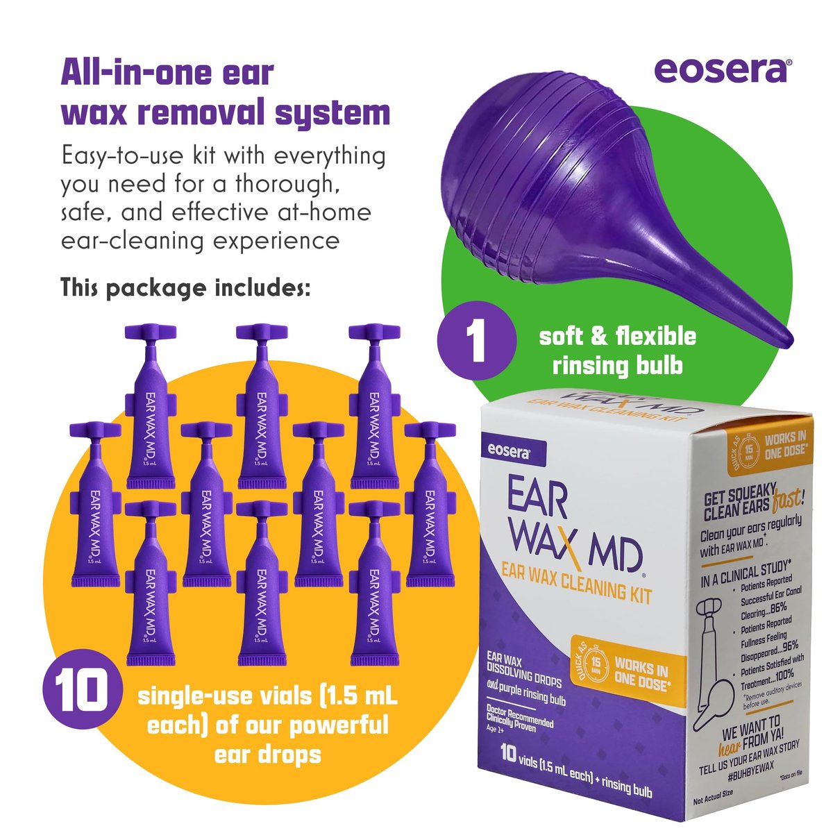 eosera Ear Wax MD Reinigungsset – Schnell wirkende Ohrenschmalz-Auflösetropfen & Spritze – Arztempfohlen, klinisch geprüft – Wirkt in 15 Minuten – 10 Einheiten