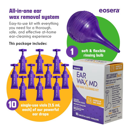eosera Ear Wax MD Reinigungsset – Schnell wirkende Ohrenschmalz-Auflösetropfen & Spritze – Arztempfohlen, klinisch geprüft – Wirkt in 15 Minuten – 10 Einheiten