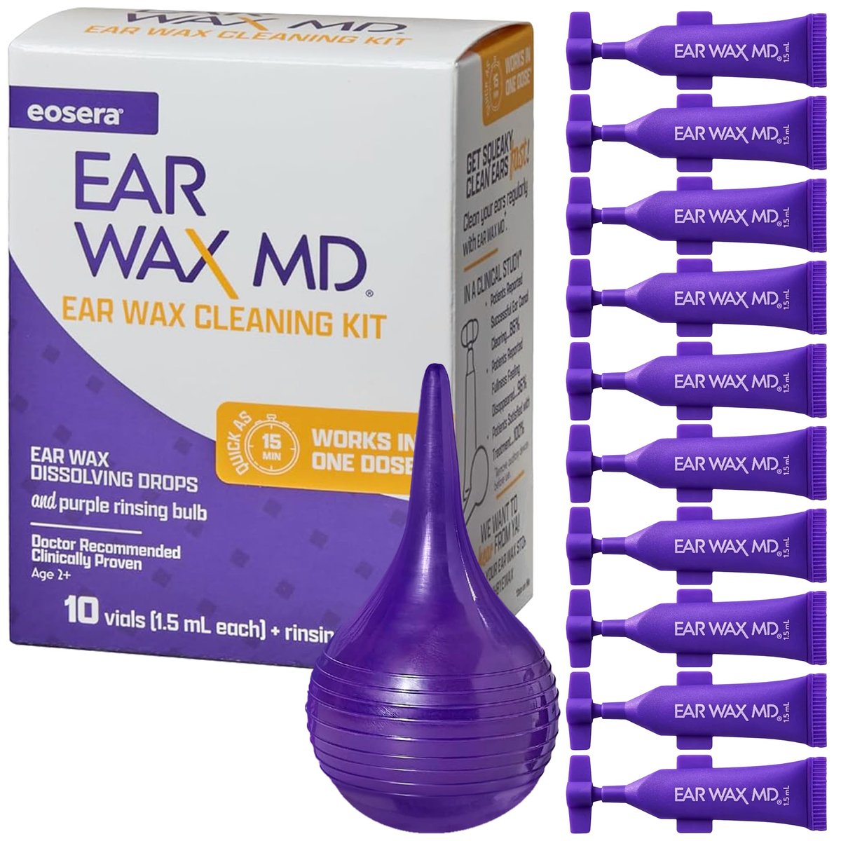 eosera Ear Wax MD Reinigungsset – Schnell wirkende Ohrenschmalz-Auflösetropfen & Spritze – Arztempfohlen, klinisch geprüft – Wirkt in 15 Minuten – 10 Einheiten