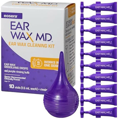 eosera Ear Wax MD Reinigungsset – Schnell wirkende Ohrenschmalz-Auflösetropfen & Spritze – Arztempfohlen, klinisch geprüft – Wirkt in 15 Minuten – 10 Einheiten