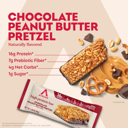 Atkins Schokoladen-Erdnussbutter-Pretzel Proteinriegel, hoher Proteingehalt, ballaststoffreich, 16g Protein, 1g Zucker, 4g Netto-Kohlenhydrate, keto-freundlich, 12er-Pack