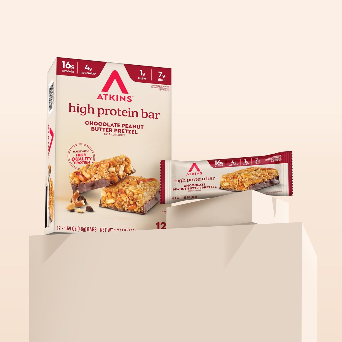 Atkins Schokoladen-Erdnussbutter-Pretzel Proteinriegel, hoher Proteingehalt, ballaststoffreich, 16g Protein, 1g Zucker, 4g Netto-Kohlenhydrate, keto-freundlich, 12er-Pack