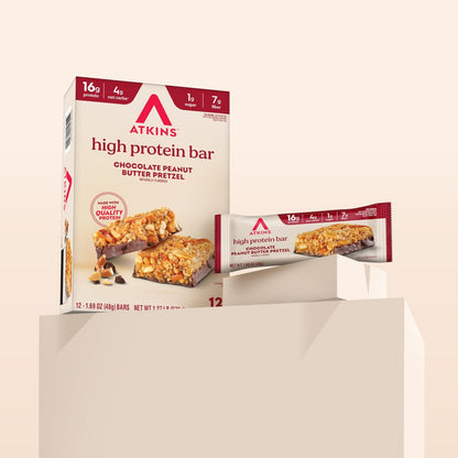 Atkins Schokoladen-Erdnussbutter-Pretzel Proteinriegel, hoher Proteingehalt, ballaststoffreich, 16g Protein, 1g Zucker, 4g Netto-Kohlenhydrate, keto-freundlich, 12er-Pack