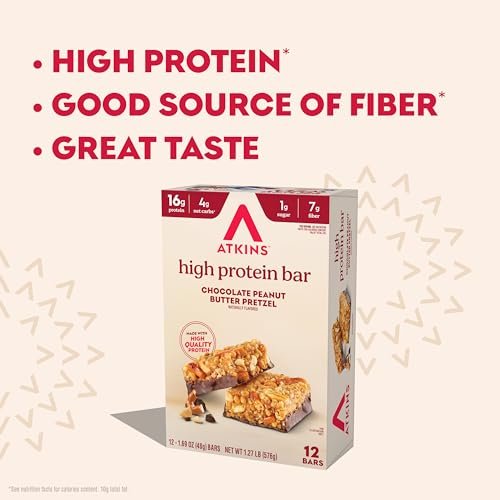 Atkins Schokoladen-Erdnussbutter-Pretzel Proteinriegel, hoher Proteingehalt, ballaststoffreich, 16g Protein, 1g Zucker, 4g Netto-Kohlenhydrate, keto-freundlich, 12er-Pack