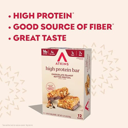 Atkins Schokoladen-Erdnussbutter-Pretzel Proteinriegel, hoher Proteingehalt, ballaststoffreich, 16g Protein, 1g Zucker, 4g Netto-Kohlenhydrate, keto-freundlich, 12er-Pack