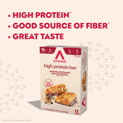 Atkins Schokoladen-Erdnussbutter-Pretzel Proteinriegel, hoher Proteingehalt, ballaststoffreich, 16g Protein, 1g Zucker, 4g Netto-Kohlenhydrate, keto-freundlich, 12er-Pack
