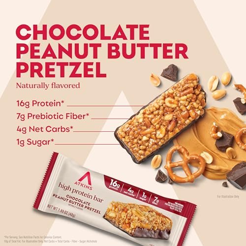 Atkins Schokoladen-Erdnussbutter-Pretzel Proteinriegel, hoher Proteingehalt, ballaststoffreich, 16g Protein, 1g Zucker, 4g Netto-Kohlenhydrate, keto-freundlich, 12er-Pack