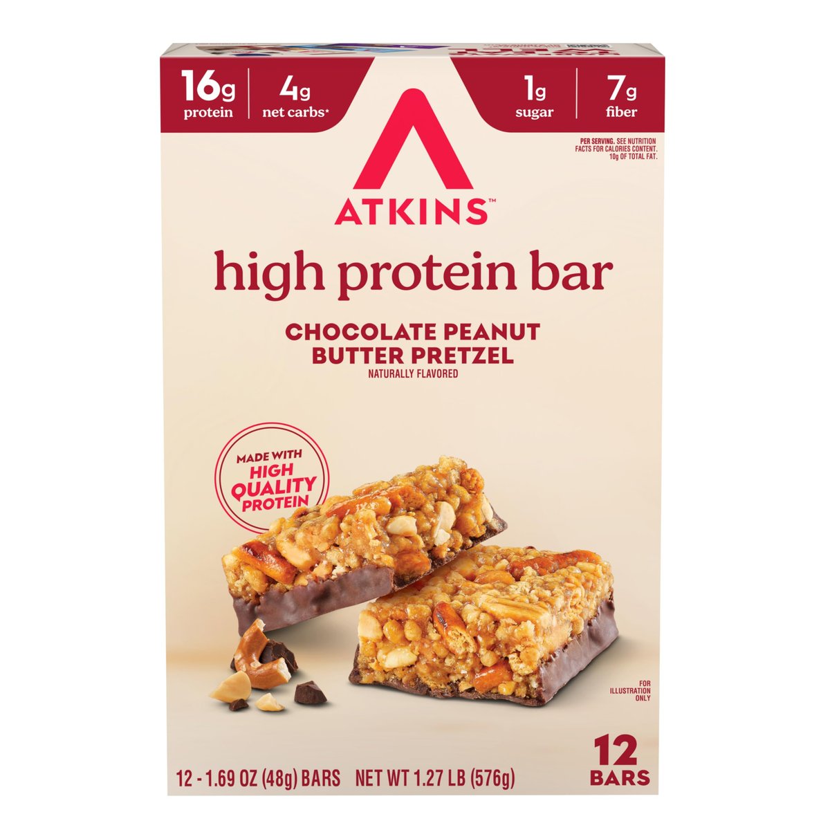 Atkins Schokoladen-Erdnussbutter-Pretzel Proteinriegel, hoher Proteingehalt, ballaststoffreich, 16g Protein, 1g Zucker, 4g Netto-Kohlenhydrate, keto-freundlich, 12er-Pack