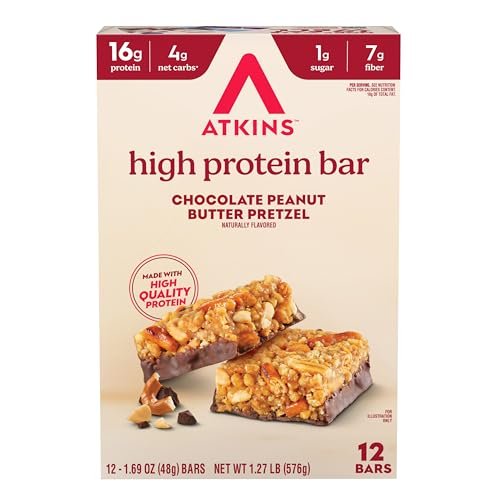 Atkins Schokoladen-Erdnussbutter-Pretzel Proteinriegel, hoher Proteingehalt, ballaststoffreich, 16g Protein, 1g Zucker, 4g Netto-Kohlenhydrate, keto-freundlich, 12er-Pack