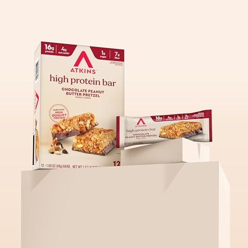 Atkins Schokoladen-Erdnussbutter-Pretzel Proteinriegel, hoher Proteingehalt, ballaststoffreich, 16g Protein, 1g Zucker, 4g Netto-Kohlenhydrate, keto-freundlich, 12er-Pack