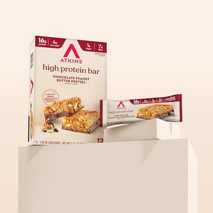 Atkins Schokoladen-Erdnussbutter-Pretzel Proteinriegel, hoher Proteingehalt, ballaststoffreich, 16g Protein, 1g Zucker, 4g Netto-Kohlenhydrate, keto-freundlich, 12er-Pack