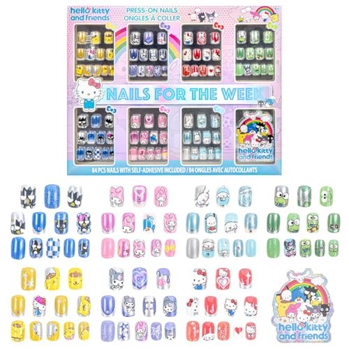 Hello Kitty and Friends 84-teiliges Glitter-Glamup & Metallic Press-On Nägel Set – Künstliche Fake-Nägel für Kinder, Mädchen und Tweens ab 6 Jahren von Townley Girl