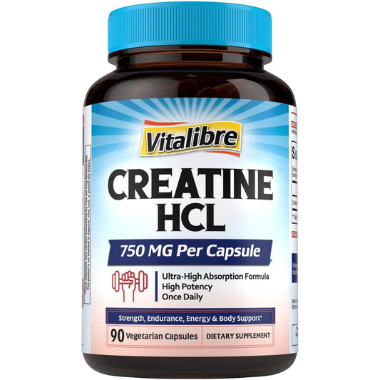 Vitalibre Creatin HCl Kapseln, 750 mg Hochdosiertes Creatin Hydrochlorid, Ausdauer, Kraft, Schnelle Aufnahme, Keine Ladephase, Kein Blähbauch, Alternative zu mikronisiertem Monohydrat, Einmal täglich, 90 Kapseln