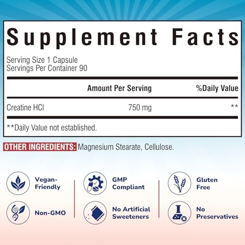 Vitalibre Creatin HCl Kapseln, 750 mg Hochdosiertes Creatin Hydrochlorid, Ausdauer, Kraft, Schnelle Aufnahme, Keine Ladephase, Kein Blähbauch, Alternative zu mikronisiertem Monohydrat, Einmal täglich, 90 Kapseln