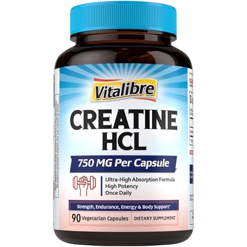 Vitalibre Creatin HCl Kapseln, 750 mg Hochdosiertes Creatin Hydrochlorid, Ausdauer, Kraft, Schnelle Aufnahme, Keine Ladephase, Kein Blähbauch, Alternative zu mikronisiertem Monohydrat, Einmal täglich, 90 Kapseln