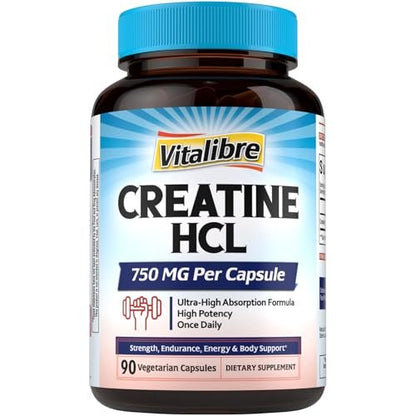 Vitalibre Creatin HCl Kapseln, 750 mg Hochdosiertes Creatin Hydrochlorid, Ausdauer, Kraft, Schnelle Aufnahme, Keine Ladephase, Kein Blähbauch, Alternative zu mikronisiertem Monohydrat, Einmal täglich, 90 Kapseln