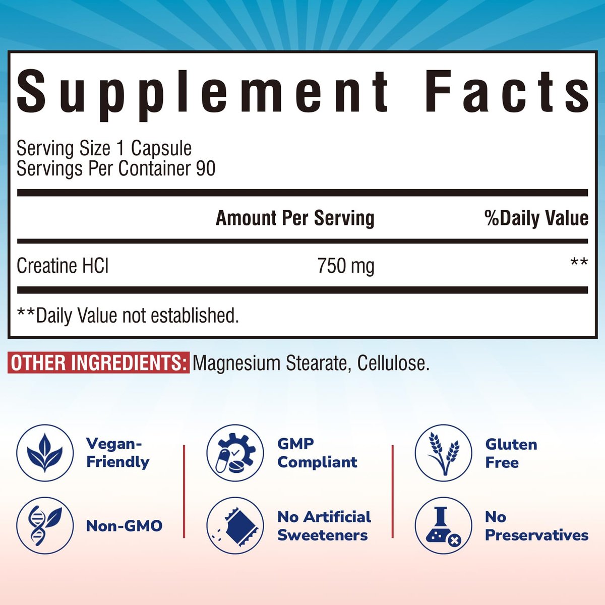 Vitalibre Creatin HCl Kapseln, 750 mg Hochdosiertes Creatin Hydrochlorid, Ausdauer, Kraft, Schnelle Aufnahme, Keine Ladephase, Kein Blähbauch, Alternative zu mikronisiertem Monohydrat, Einmal täglich, 90 Kapseln