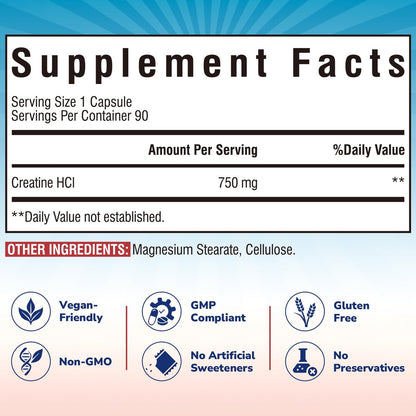 Vitalibre Creatin HCl Kapseln, 750 mg Hochdosiertes Creatin Hydrochlorid, Ausdauer, Kraft, Schnelle Aufnahme, Keine Ladephase, Kein Blähbauch, Alternative zu mikronisiertem Monohydrat, Einmal täglich, 90 Kapseln