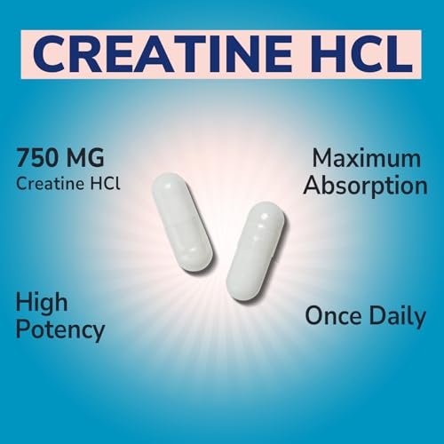 Vitalibre Creatin HCl Kapseln, 750 mg Hochdosiertes Creatin Hydrochlorid, Ausdauer, Kraft, Schnelle Aufnahme, Keine Ladephase, Kein Blähbauch, Alternative zu mikronisiertem Monohydrat, Einmal täglich, 90 Kapseln