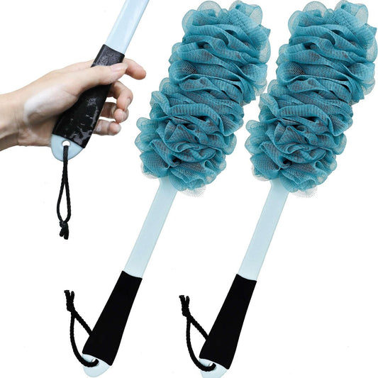 2er-Pack Rückenbürste für die Dusche, rutschfester Langstiel-Badebürste, Loofah mit Griff, weicher Mesh-Loofah-Schwamm für Frauen, Männer, Senioren (2er-Pack = Blau)